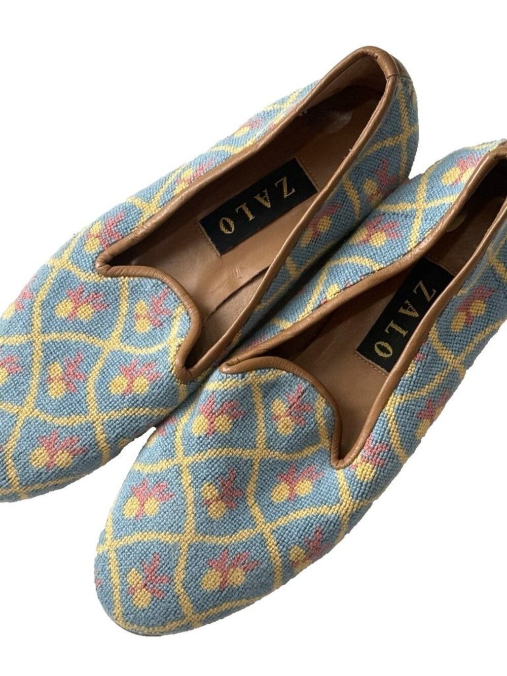 Zalo Handmade Tapestry Woven Yellow Blue Almond Toe Loafer Flat Spain Size 9N